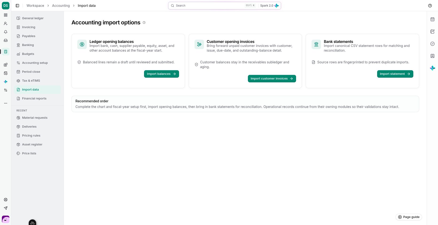 The accounting import page separates opening journals, customer invoices and statement evidence.