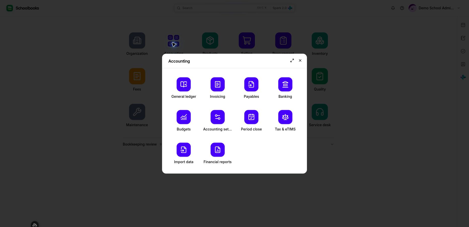Accounting’s workspace menu in Demo School. Choose the task you need.