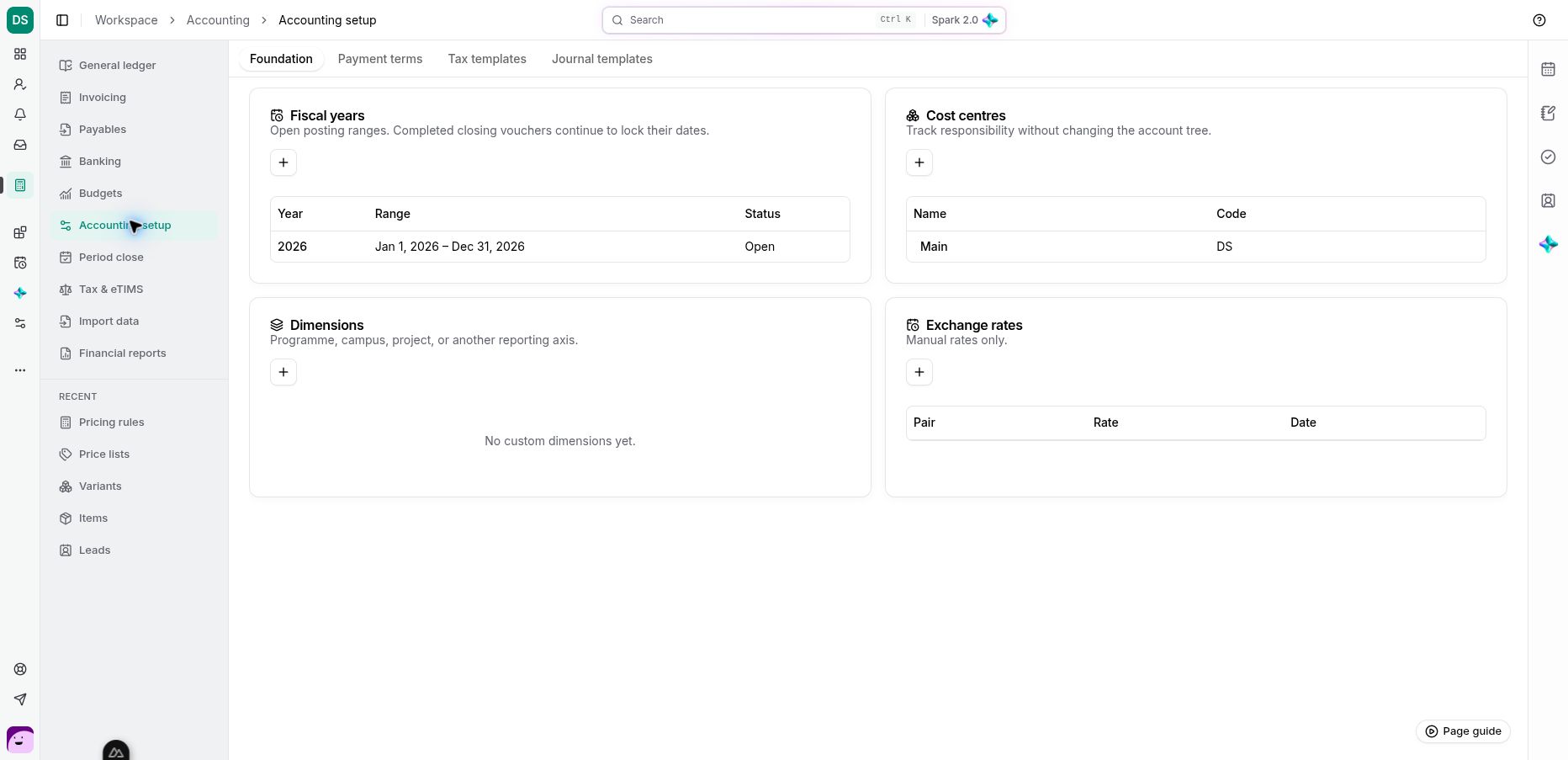 The Foundation tab shows fiscal years, cost centres, dimensions and exchange rates.