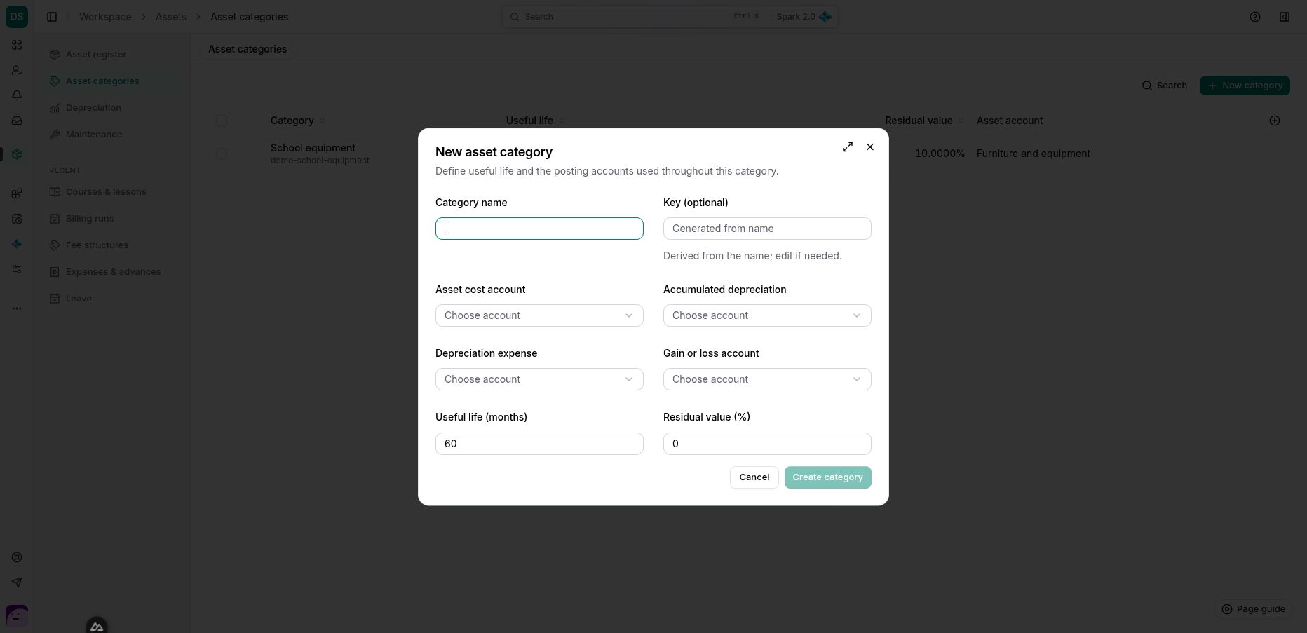 Asset categories define posting accounts, useful life in months and residual value percentage.