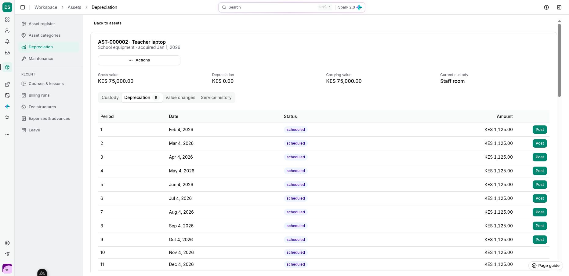 The actual Teacher laptop schedule shows scheduled KES 1,125 depreciation rows. Viewing a row does not post it.