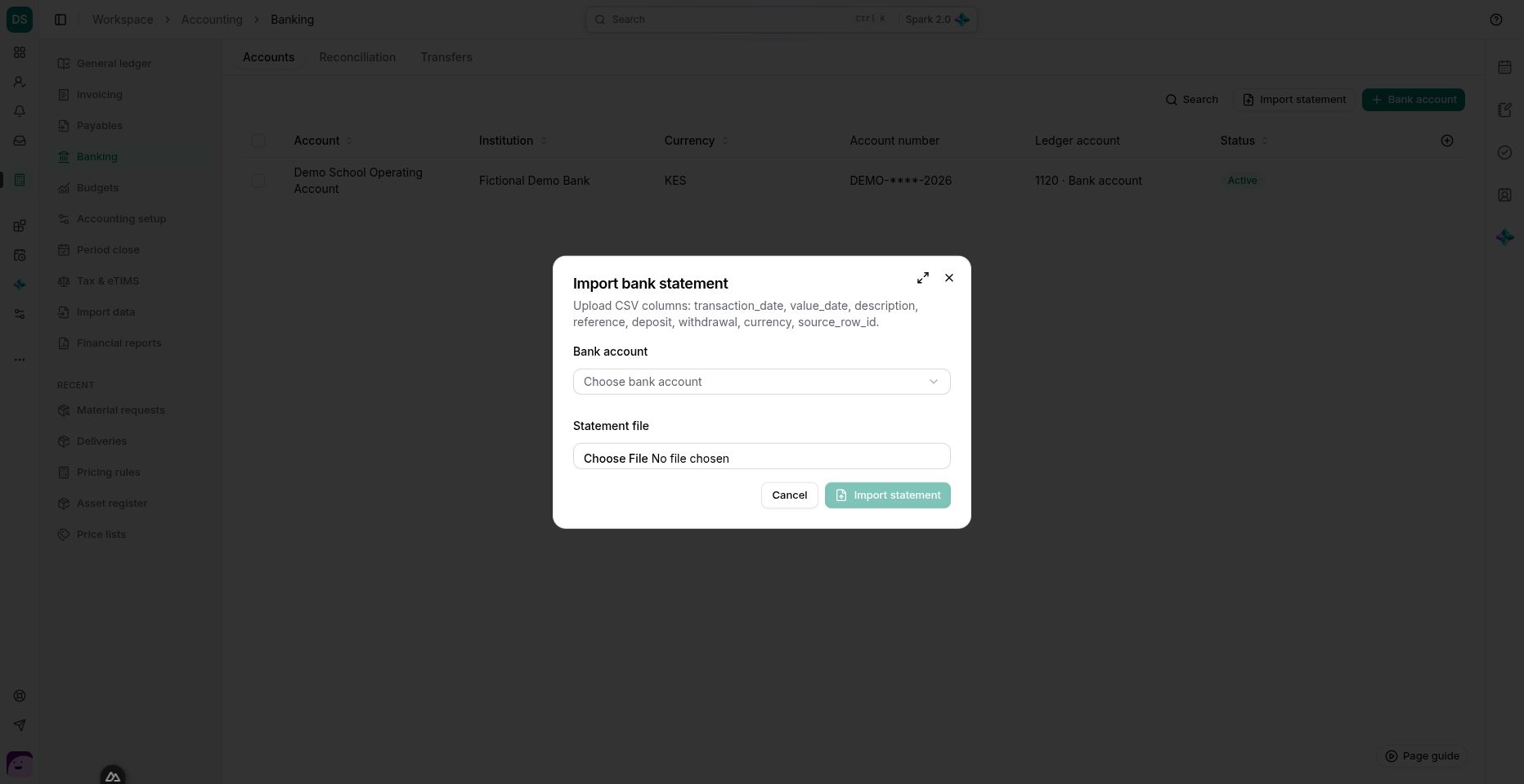 The import dialog associates statement rows with a specific bank account.