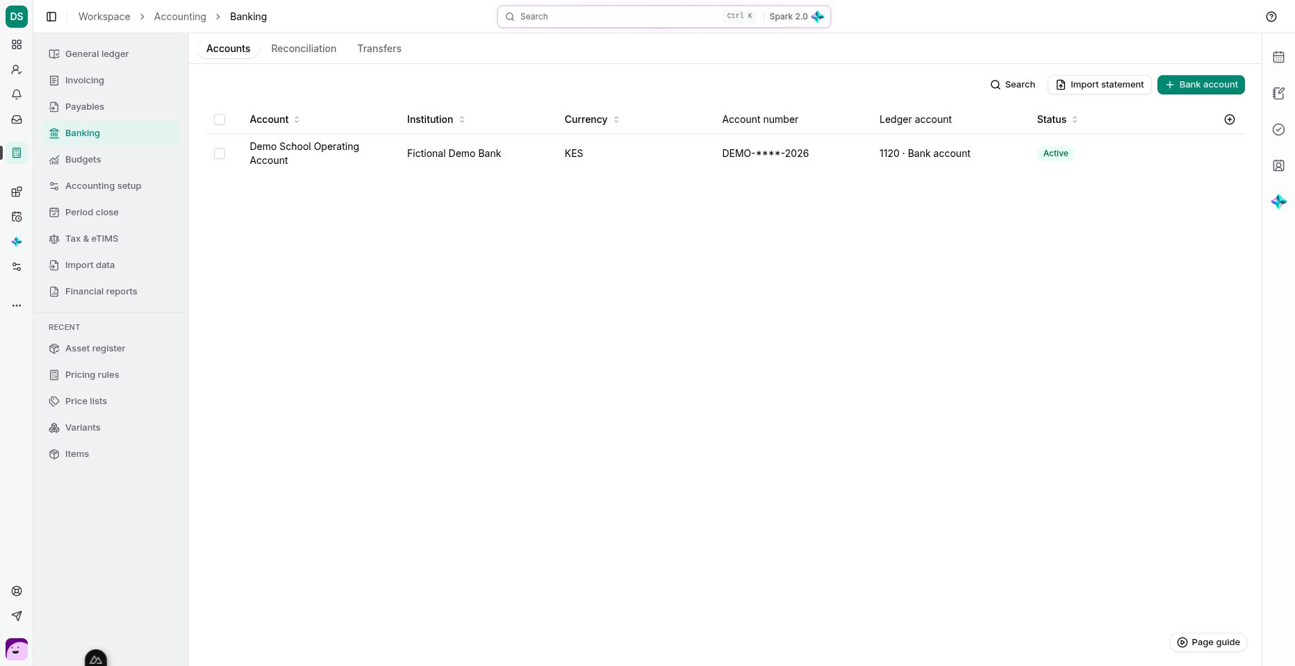 Banking lists the accounts used for collections, payments and reconciliation.