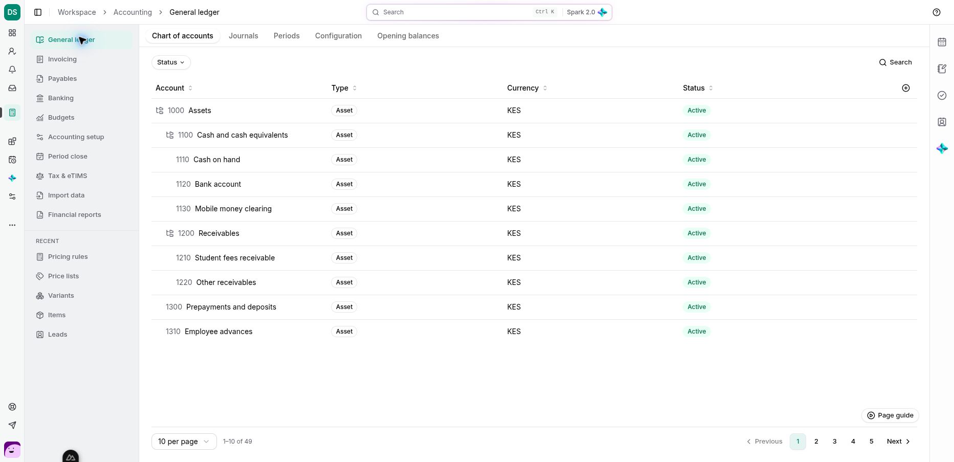 Chart of accounts under General ledger: account codes, types, currencies and status.