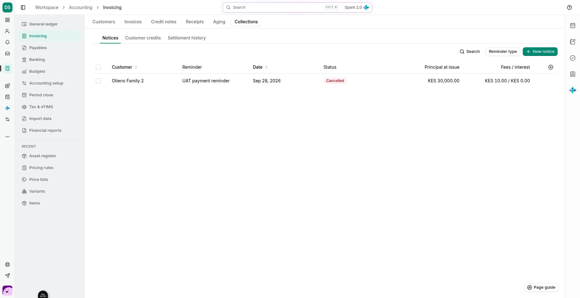 Collections keeps notices and their settlement trail together. The empty demo view shows the setup actions.