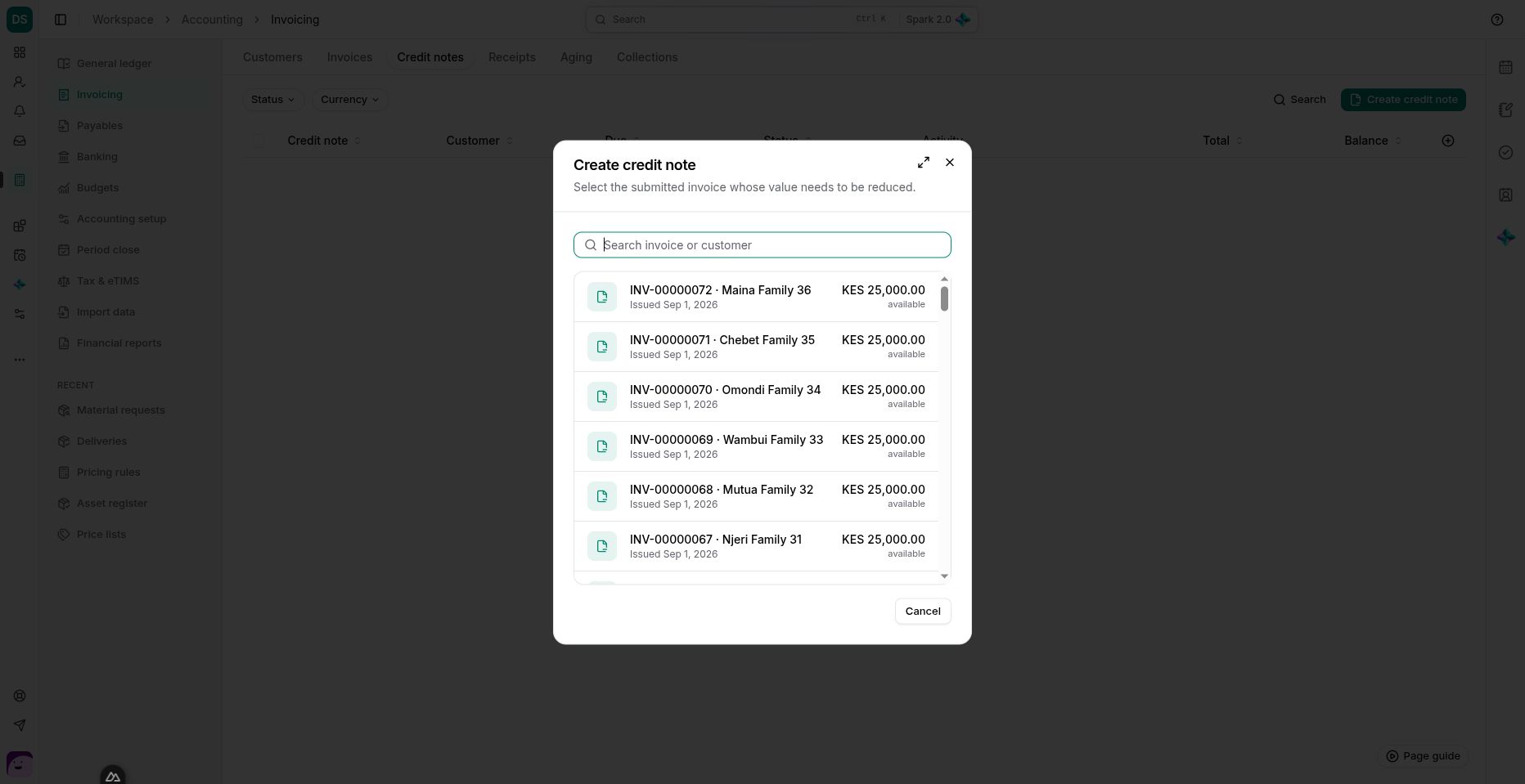 The credit-note action first asks for the source invoice; it does not create an unrelated adjustment.