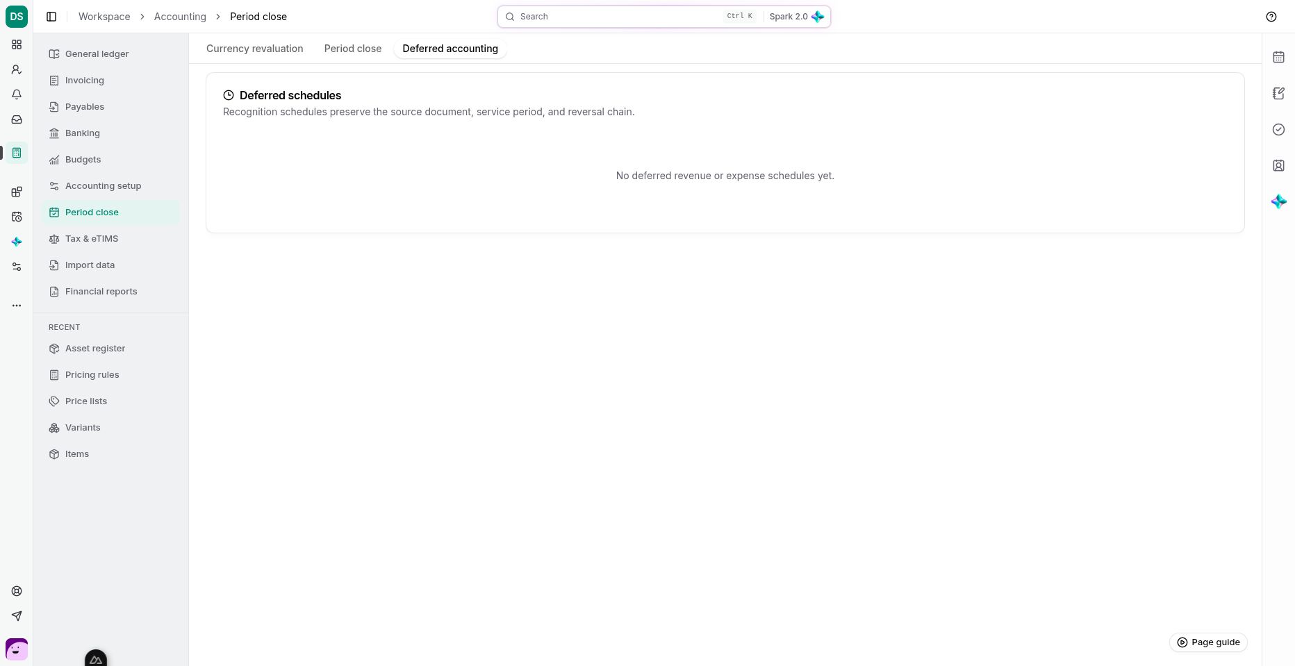 The Deferred accounting view in the demo workspace. An empty list means there are no schedules to review.