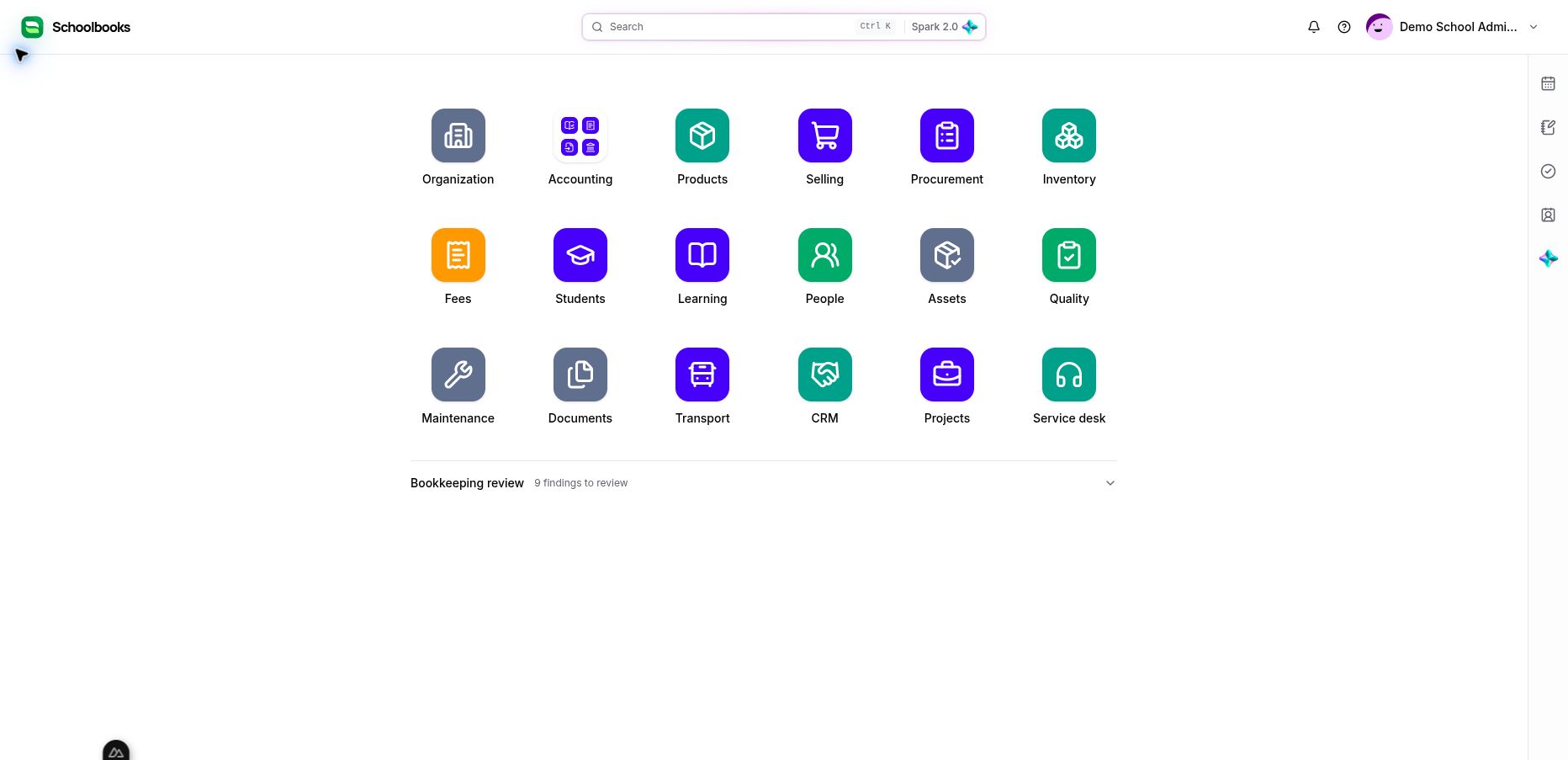 The real Demo School desktop. Open Accounting to choose a finance workspace.