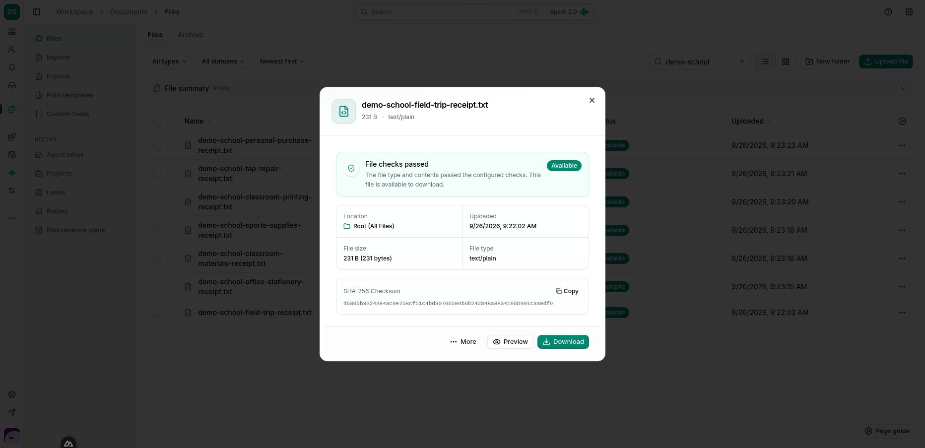 A fictional receipt file’s details show configured technical checks, location, preview and download actions.