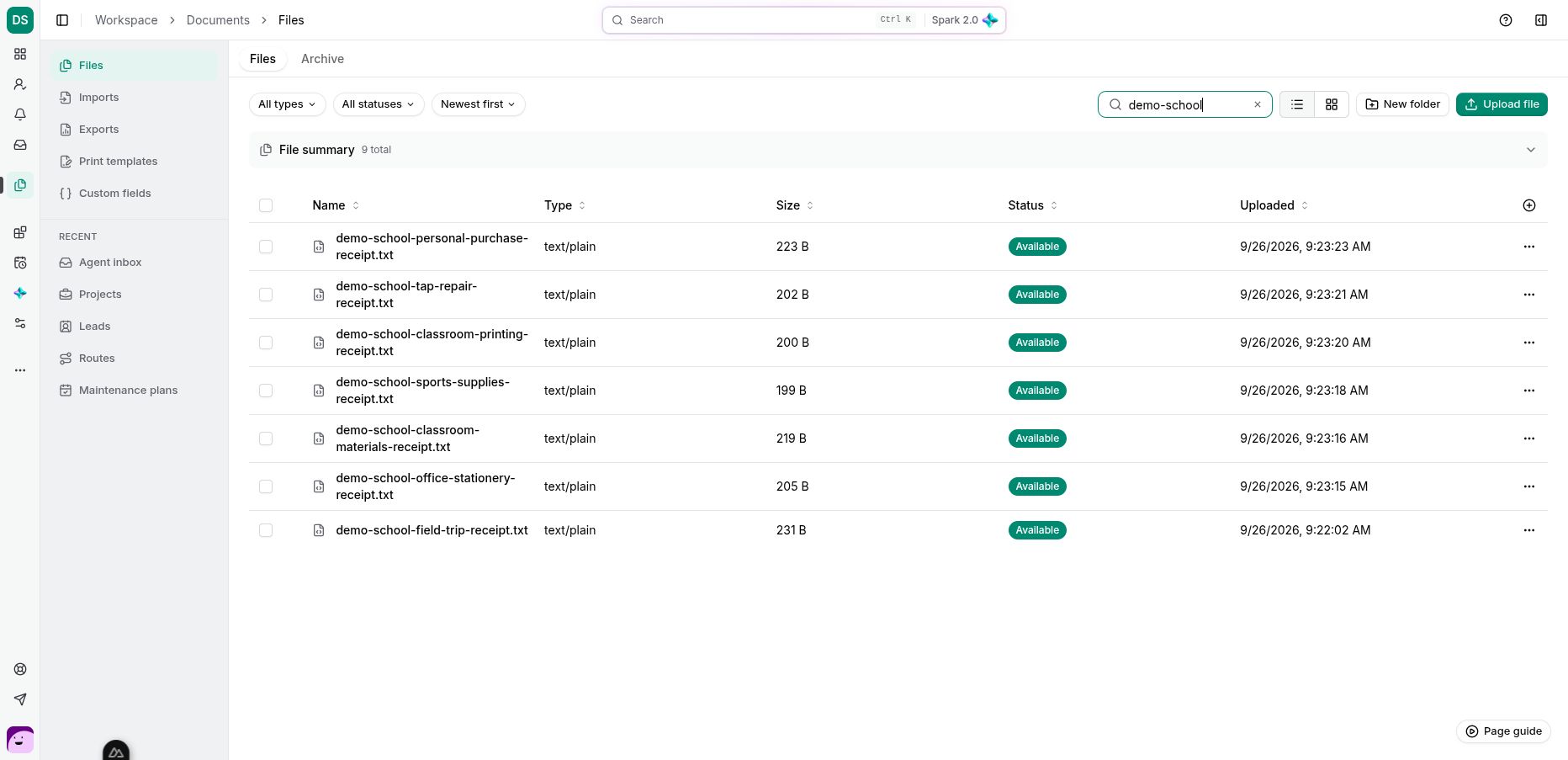 Files filtered to fictional demo evidence; upload, organization and availability are separate controls.