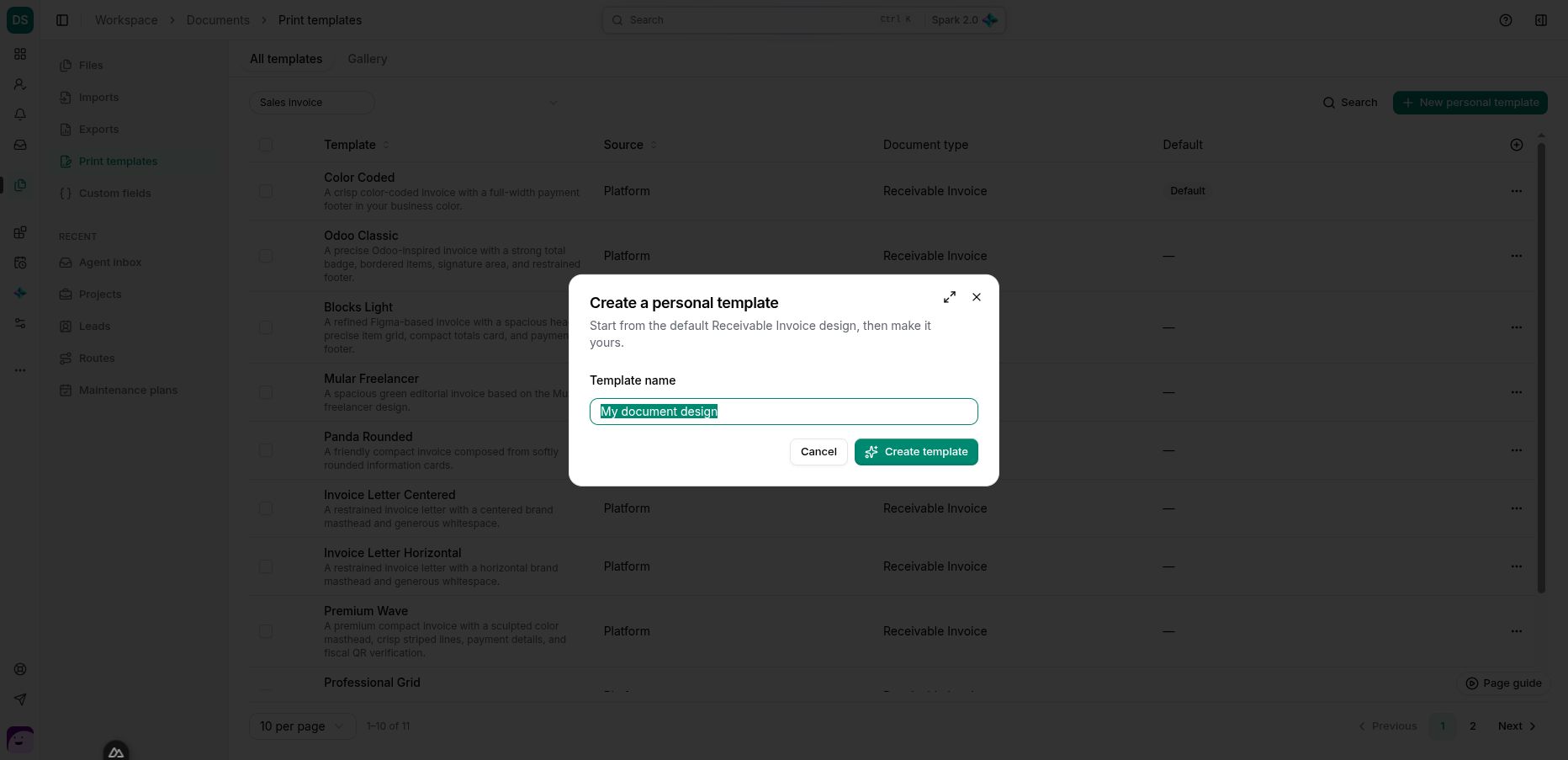 Personal-template creation starts from the selected document type’s default design.