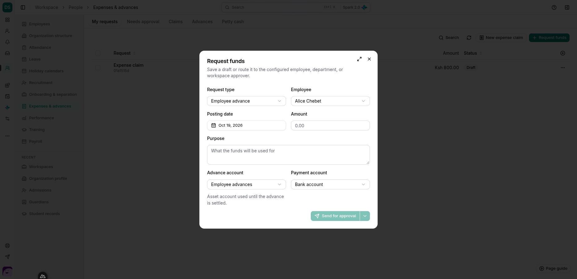 The advance request form separates purpose, advance account, payment account and approval routing.