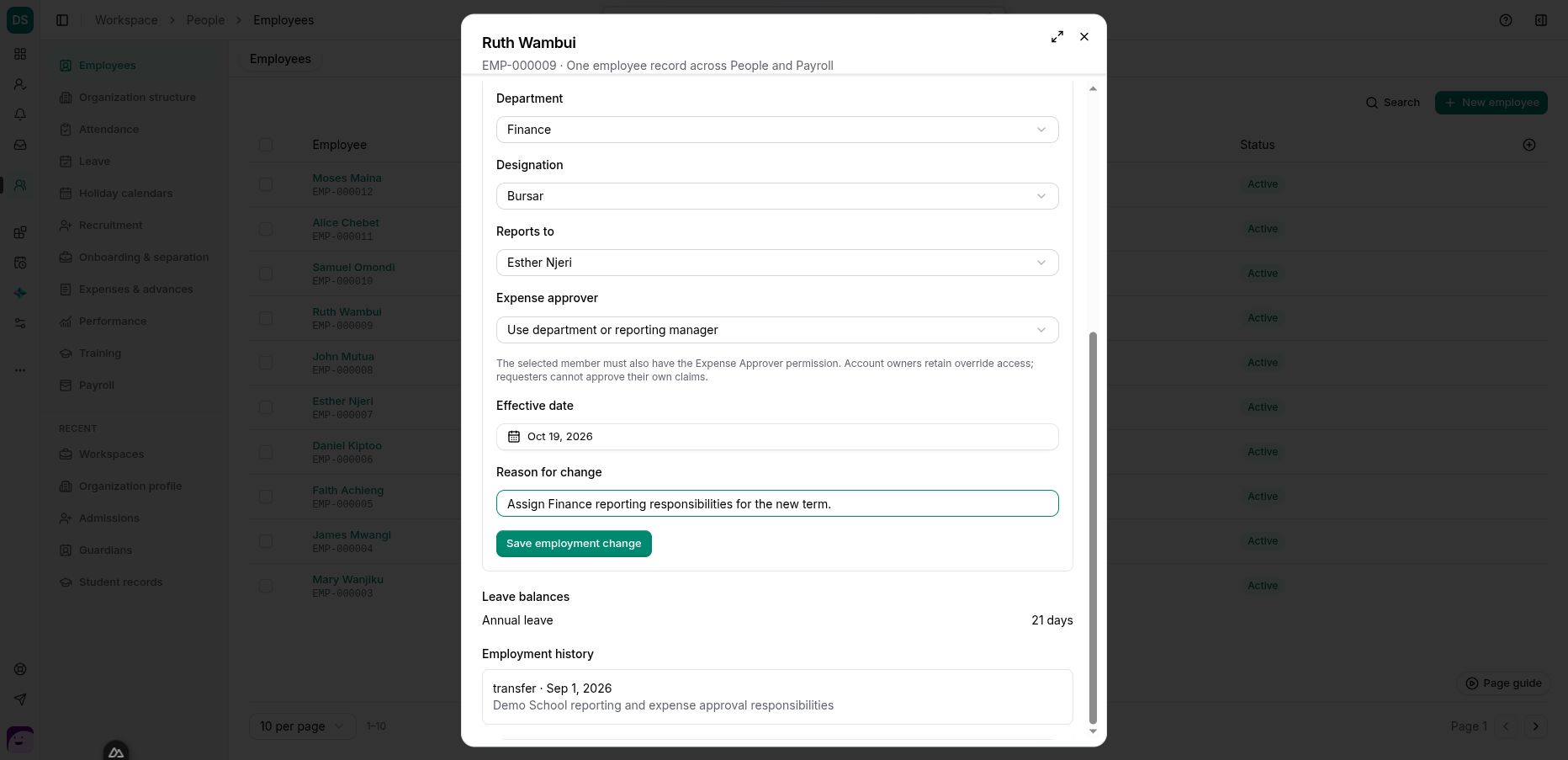 An unsaved employment-change example with an effective date and reason. The dialog header remains visible while its content scrolls.