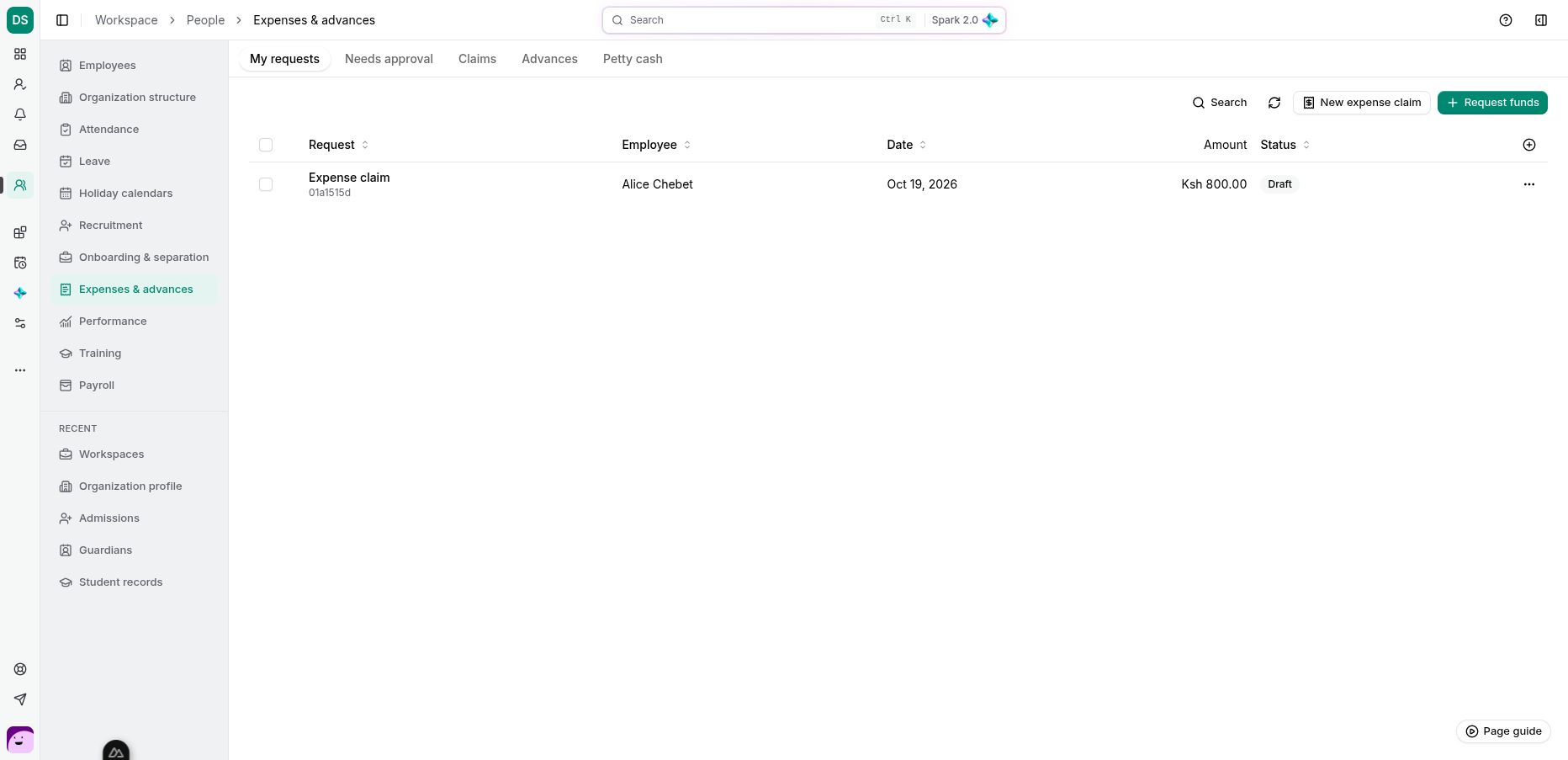The saved expense request displays Draft status and Ksh 800.00; no posting or payment was performed.