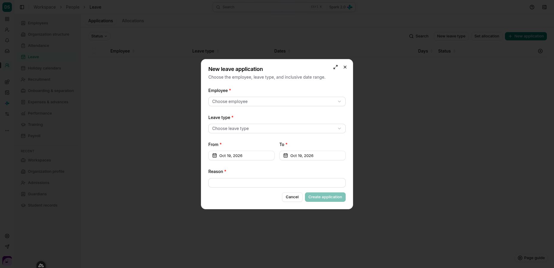 The leave request form separates employee, leave type, inclusive dates and reason. No leave was approved for this capture.