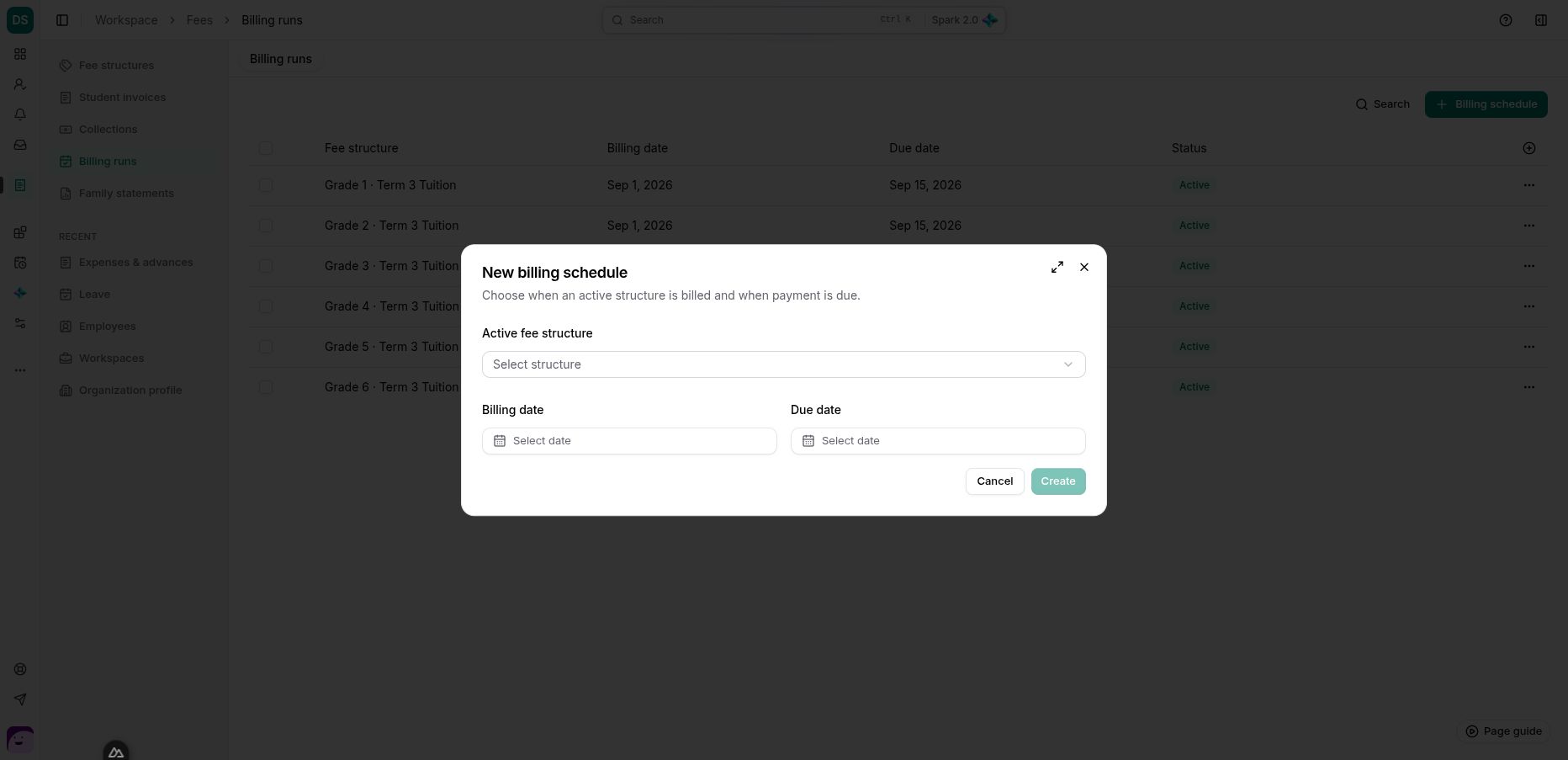 A billing schedule selects an active structure and separates the billing date from the payment due date.