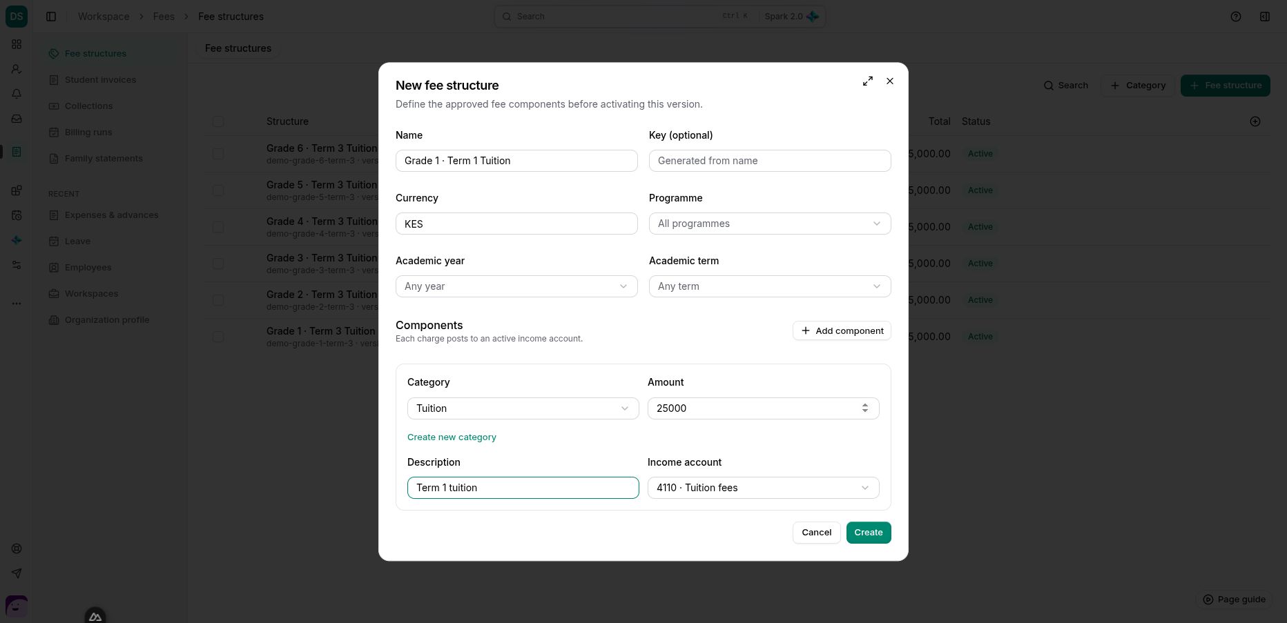 A KES 25,000 tuition component prepared with its description and income account; the structure has not been created from this form.