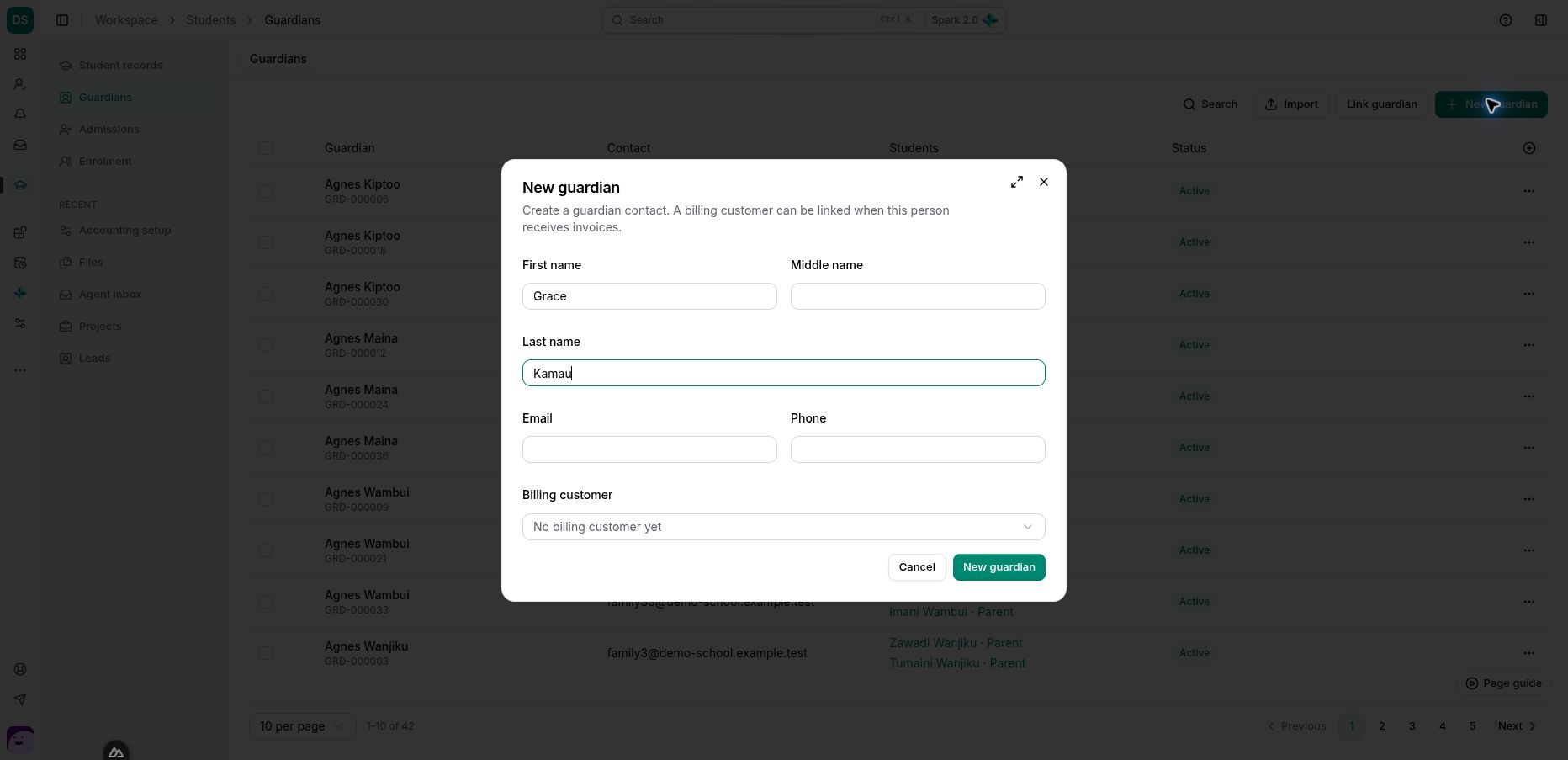 The real guardian form with Grace Kamau entered; contact and invoice-customer identities remain separate.