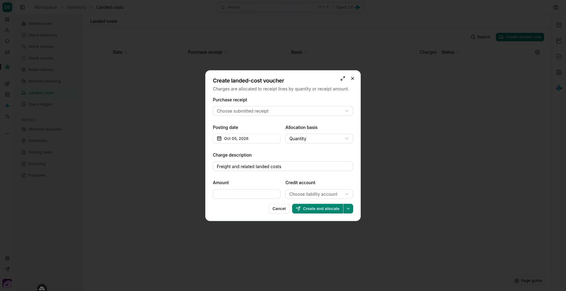 The landed-cost form identifies the receipt, allocation basis, charge and credit account.