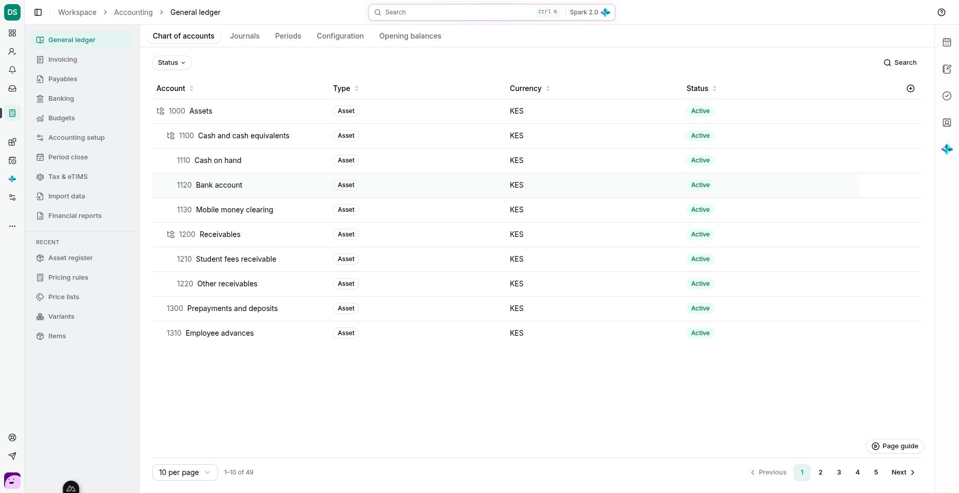 Demo School’s chart of accounts. Codes, account types and currencies help identify the correct posting destination.