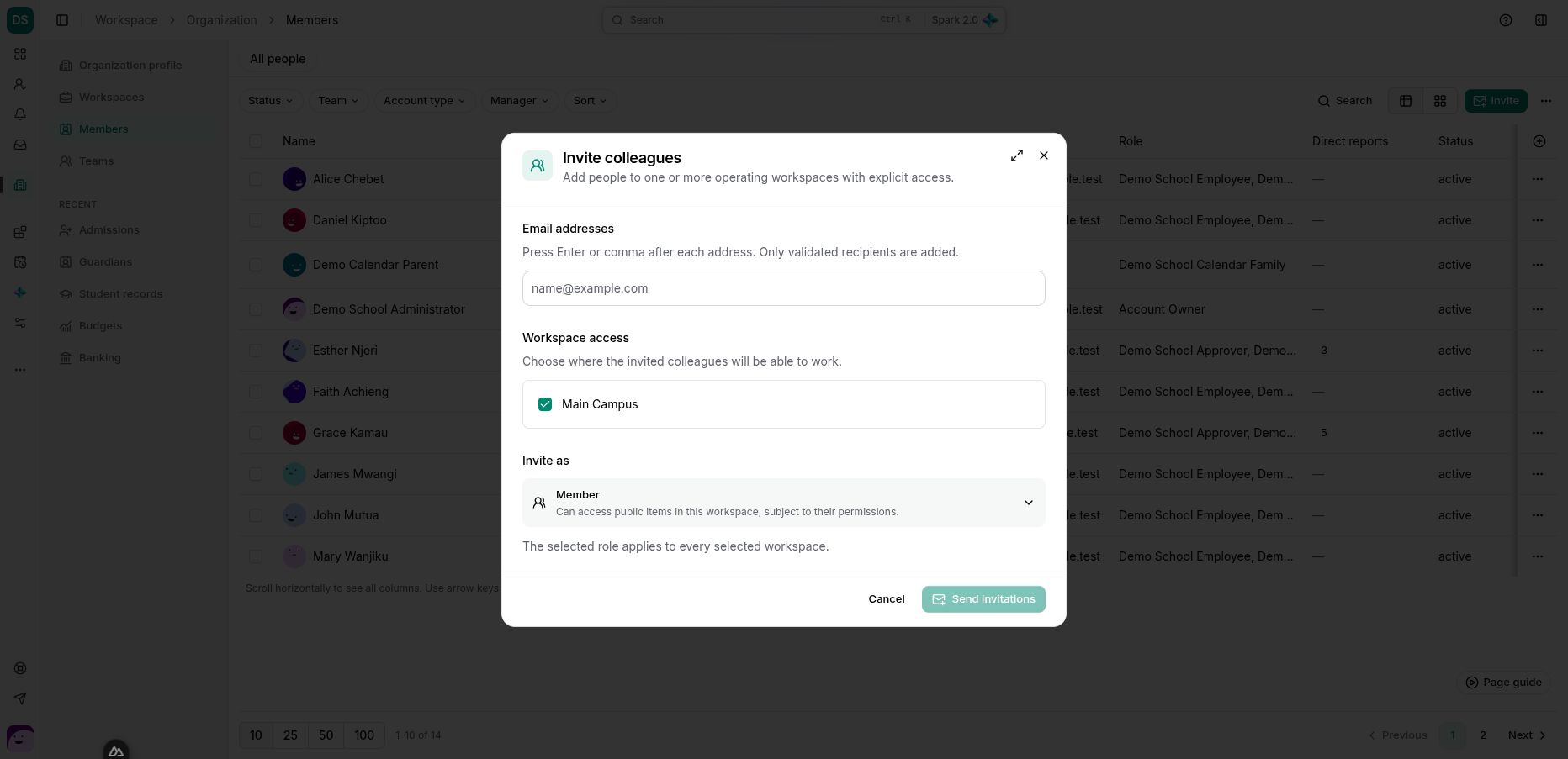 The invitation form separates validated email recipients, workspace access and the intended role. No invitations were sent.