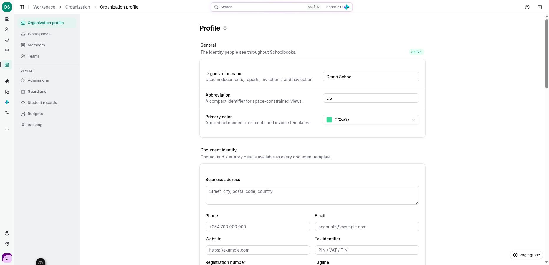 Review organization identity and document contact fields before saving changes.