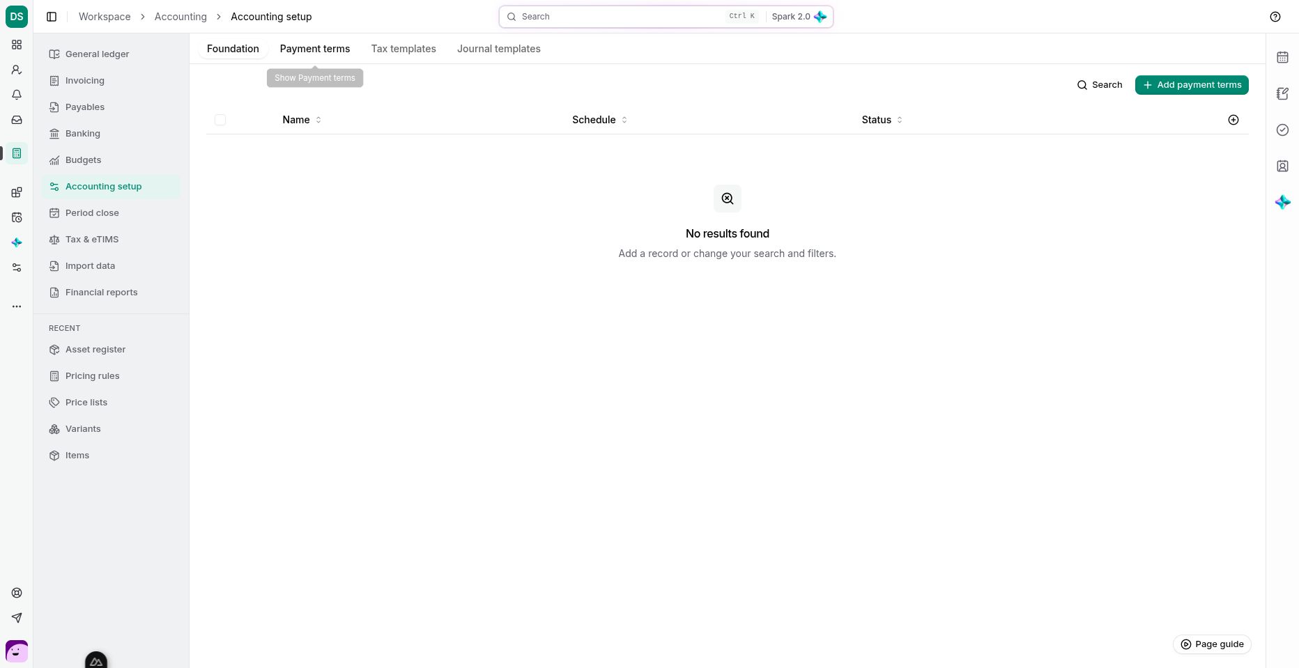 The Payment terms tab is the starting point for reusable invoice schedules.