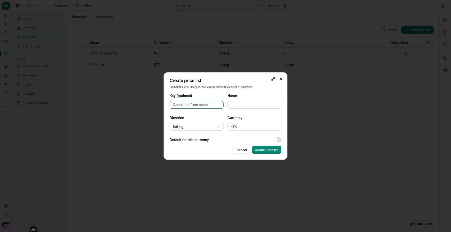 A price list has a direction and currency; default status is scoped to that pair.