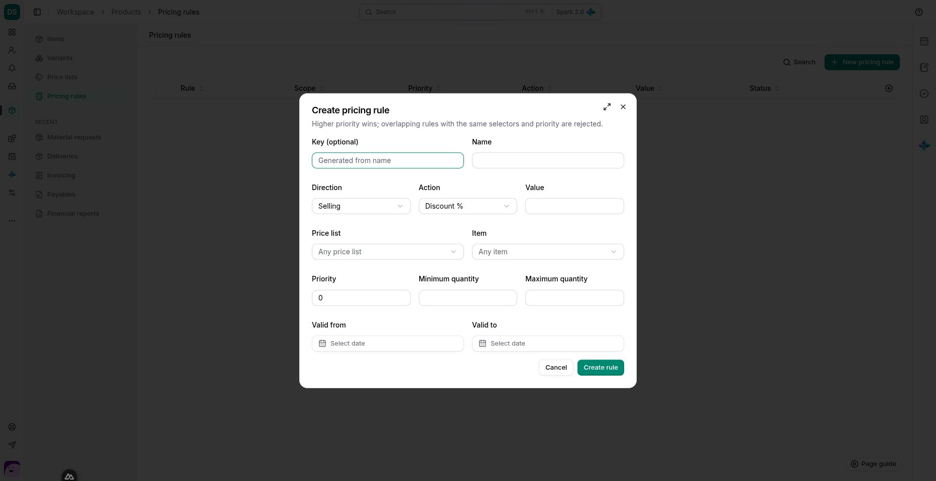 The rule editor shows scope, quantity thresholds, priority and validity together.