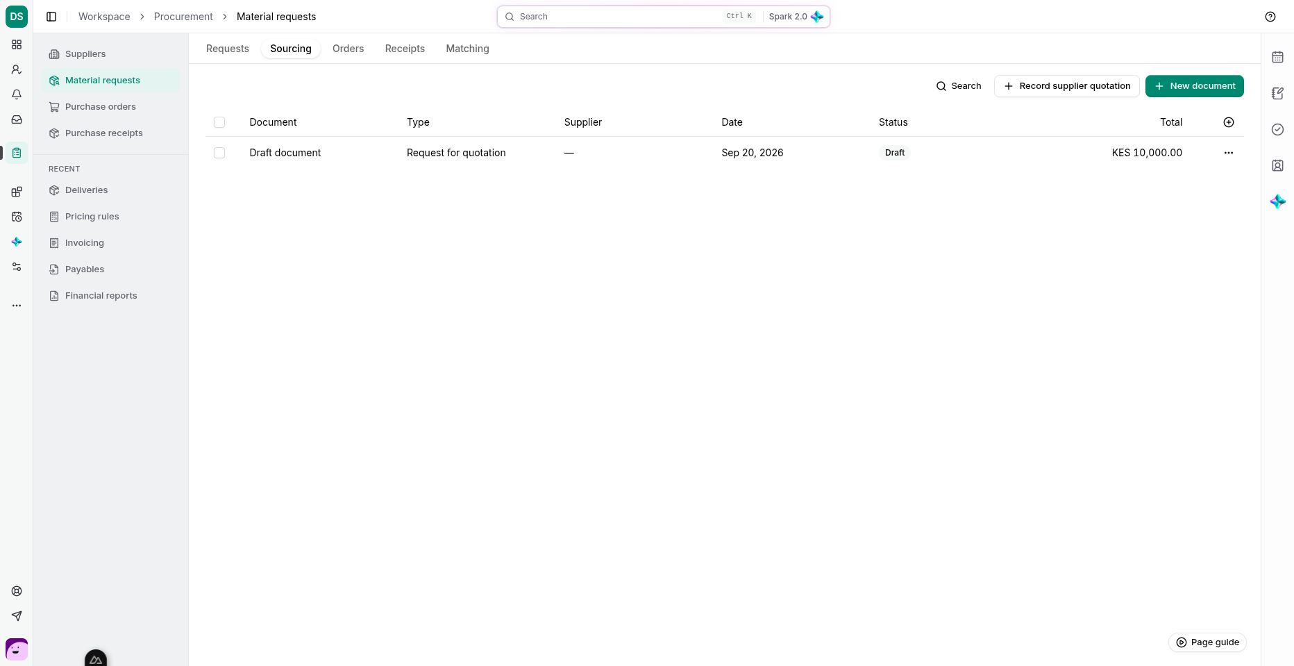 The Sourcing tab provides separate actions for a request for quotation and a supplier’s response.