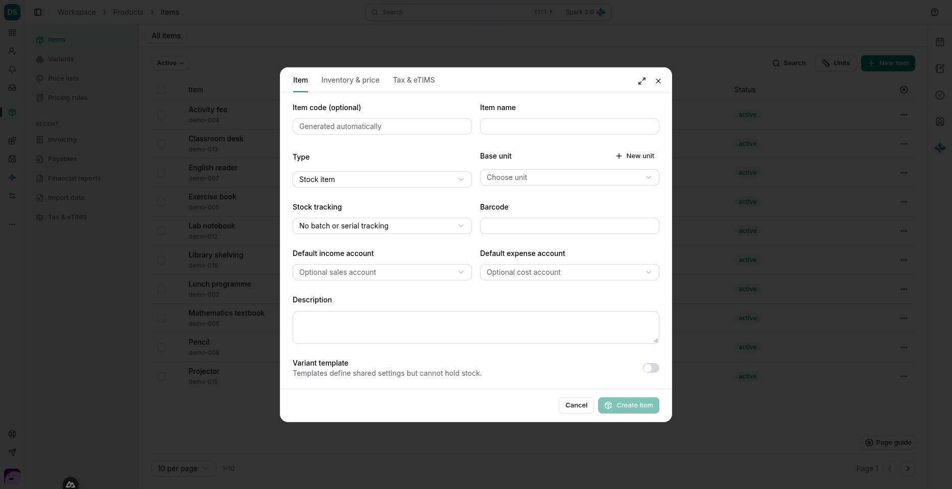 The item editor separates identity, stock tracking and default posting accounts.