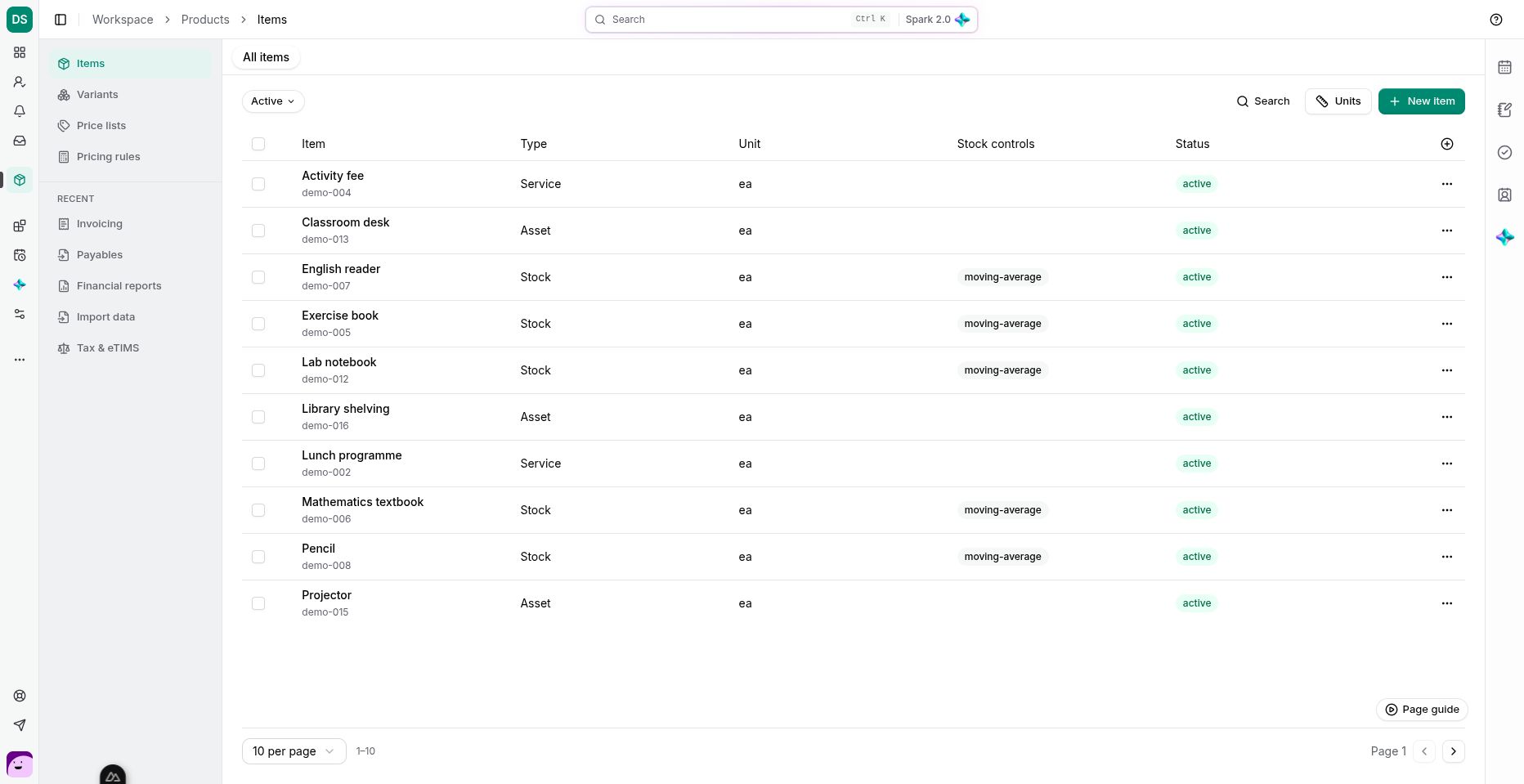 The actual Demo School catalogue includes stock items, services and assets.