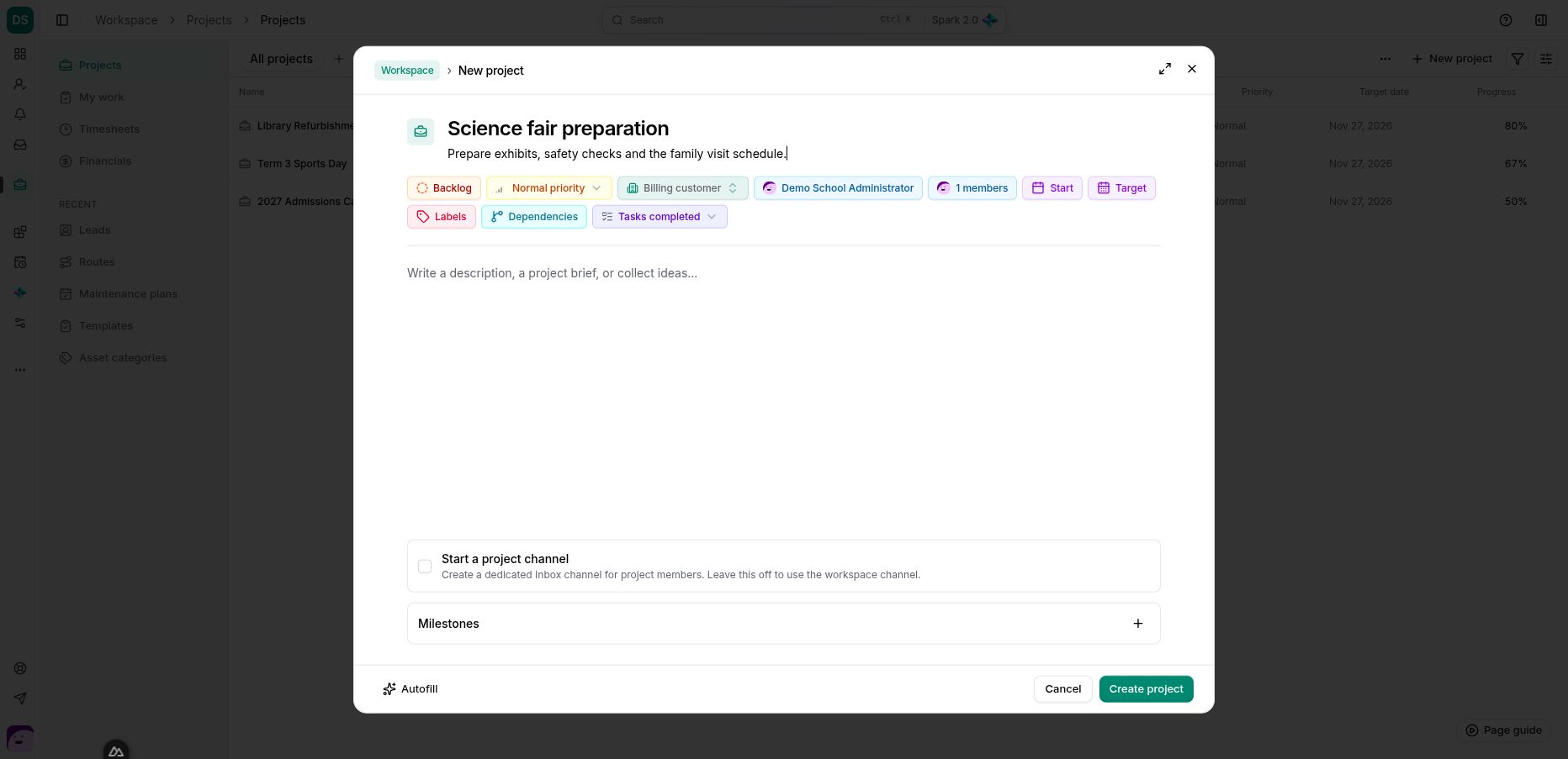 A science-fair project prepared with its outcome, ownership and planning controls. No new project channel was created.