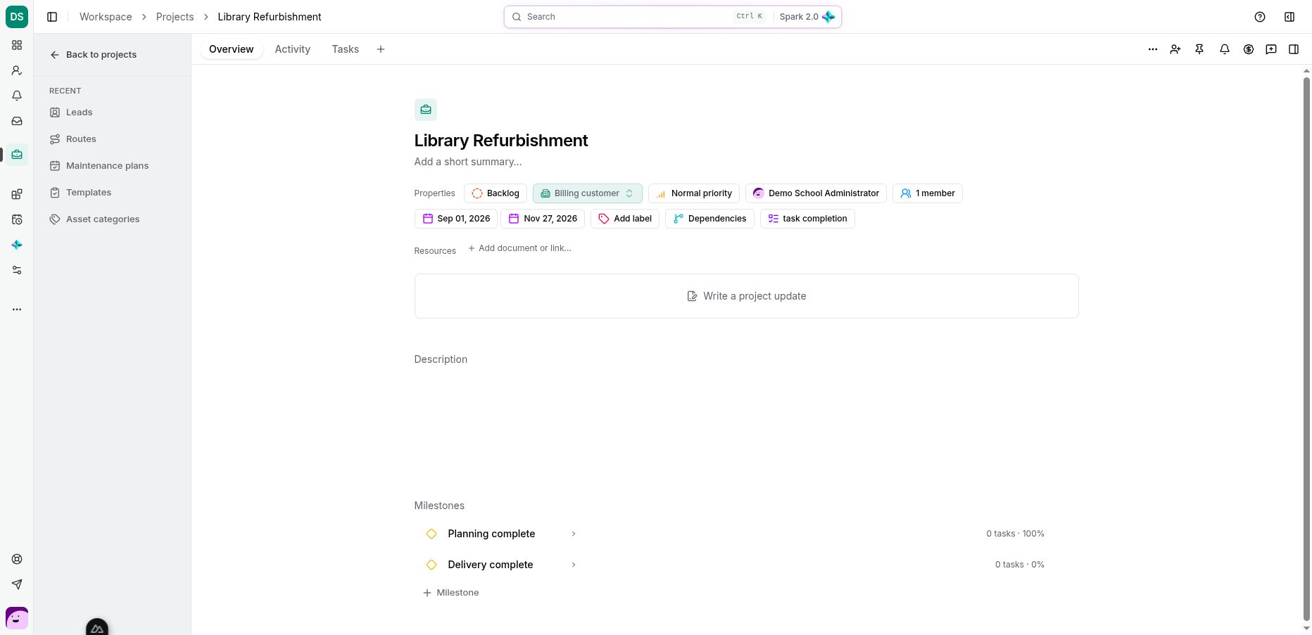 An existing project overview keeps delivery dates, milestones, updates and document links with the work.