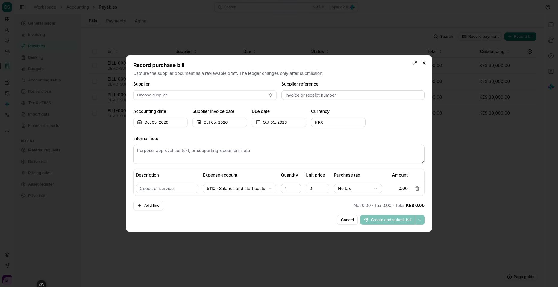 The direct bill editor separates supplier dates, line expenses and tax from the final payable total.