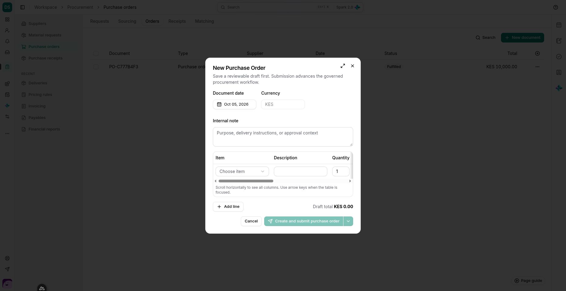 Purchase-order preparation uses the procurement document editor. Available source documents determine the source choices.