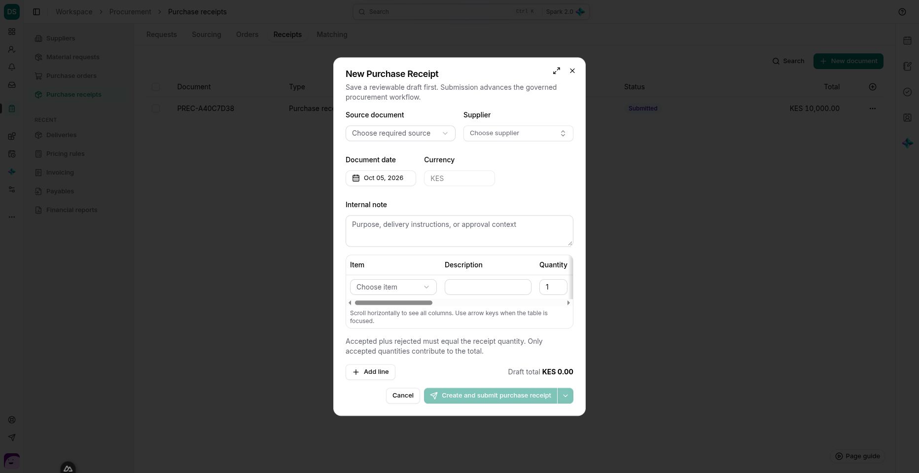 The receipt editor distinguishes received, accepted and rejected quantities.