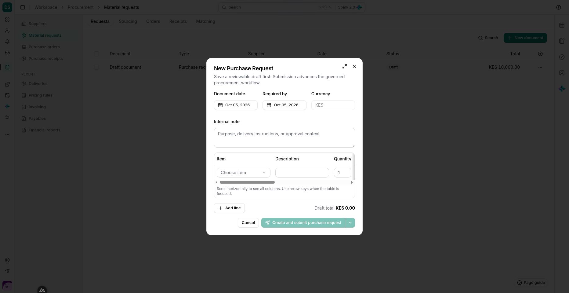 The purchase-request form captures the need, required date and destination before supplier commitment.