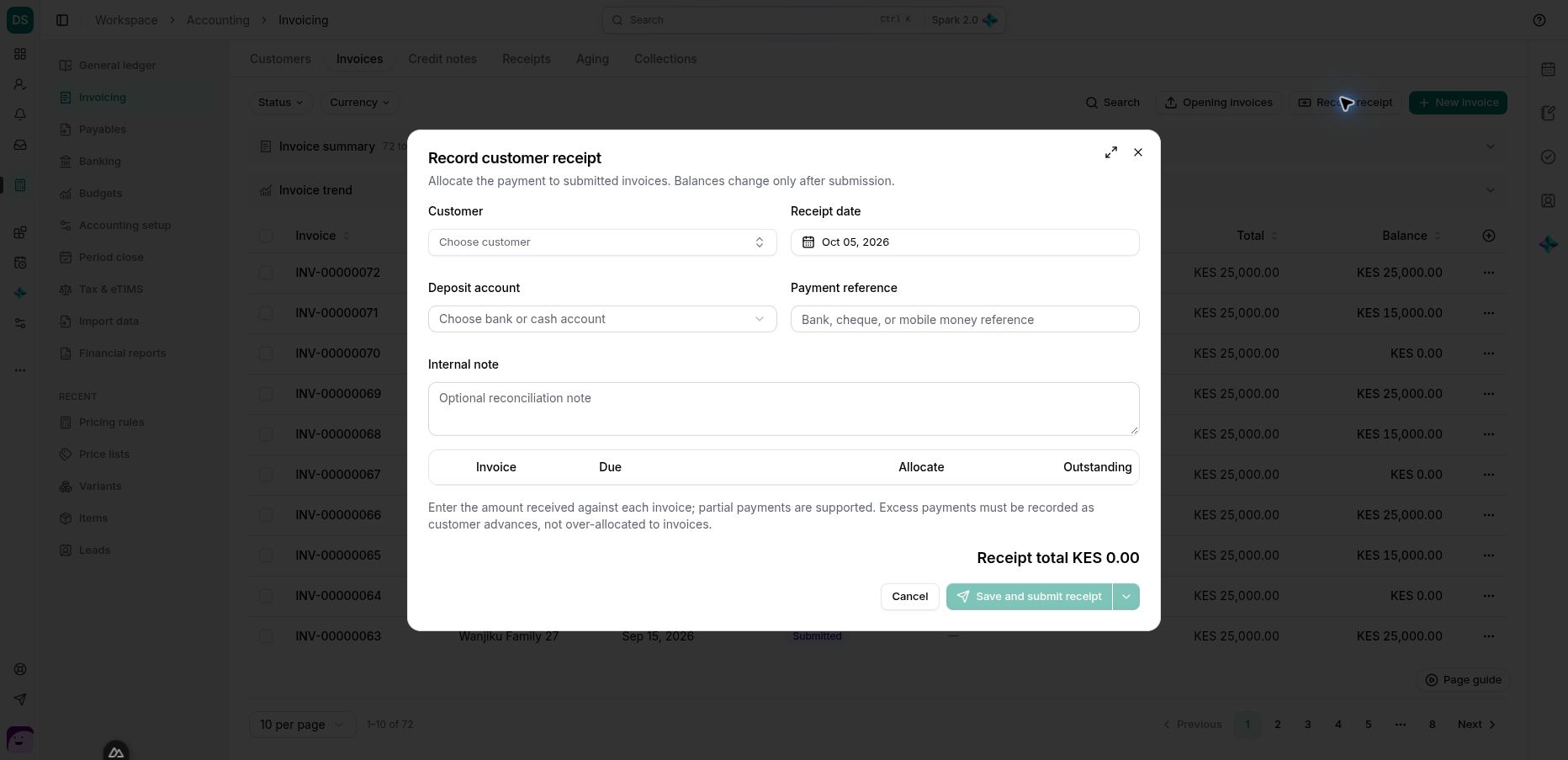 The actual receipt editor. Allocate the collection to submitted invoices and select the correct deposit account.