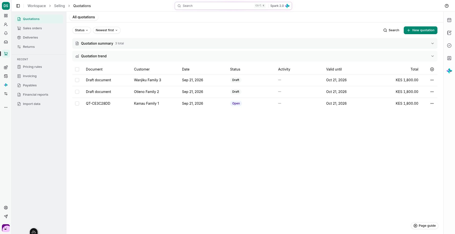 Selling opens with customer quotations and their current status.