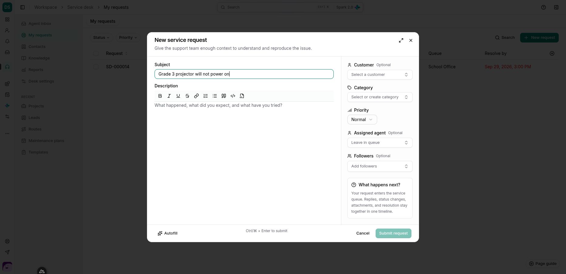 The actual request form with a concrete projector problem. It was not submitted and no message was sent.