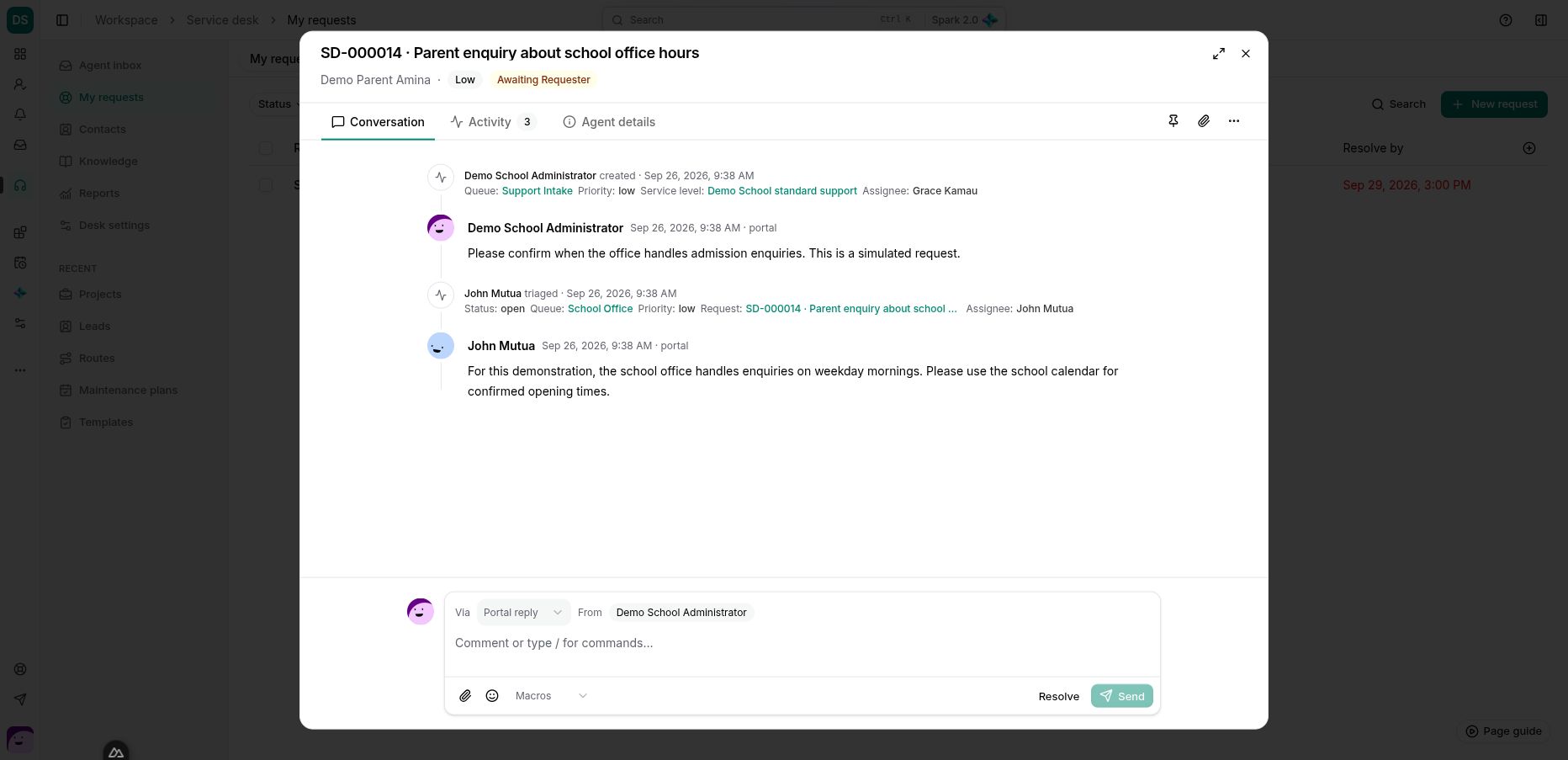 An explicitly simulated office-hours request retains its conversation, assignment history and Awaiting Requester status.