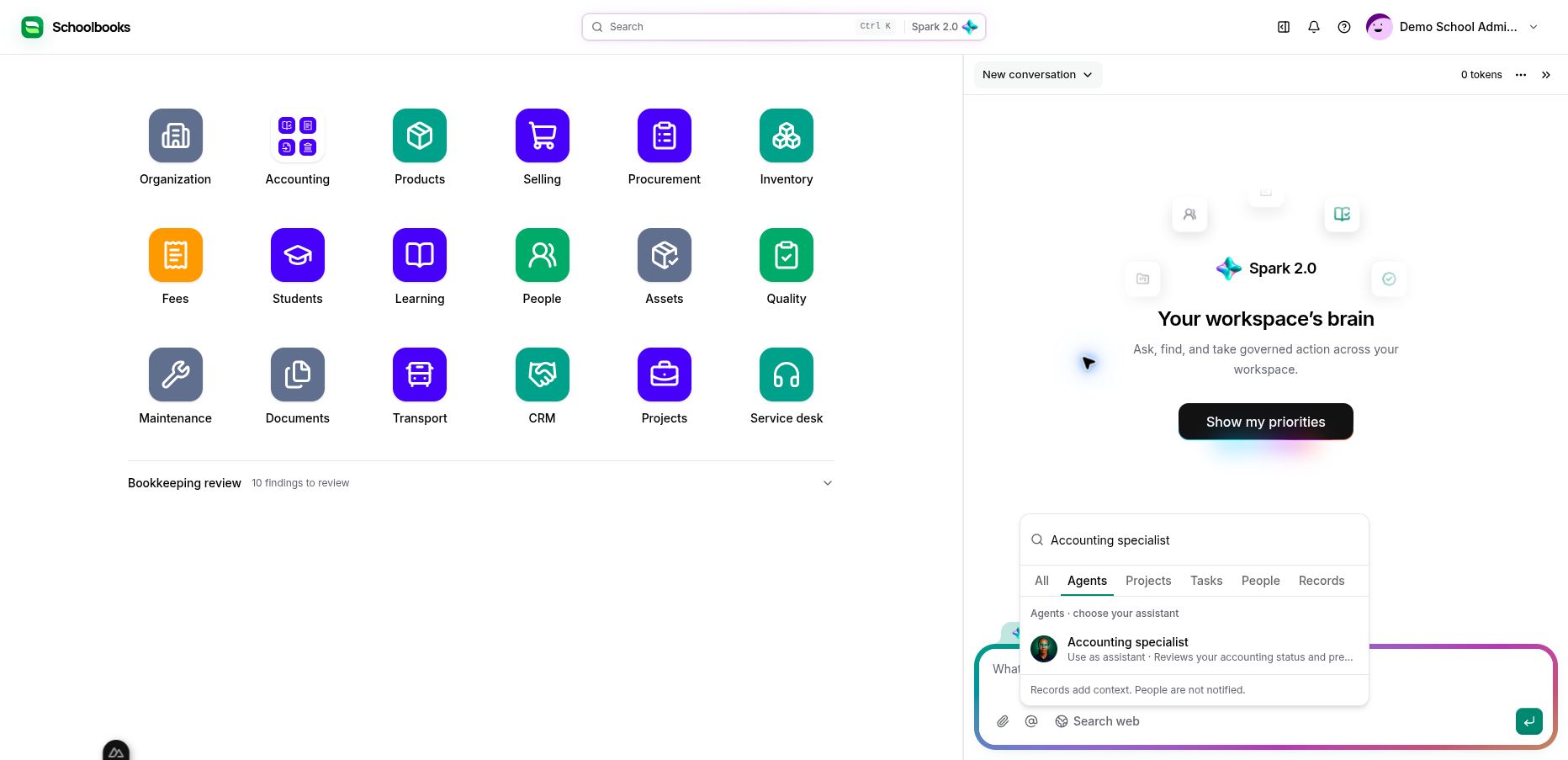 The actual context picker filtered to Accounting specialist. Agent selection does not grant new permissions.