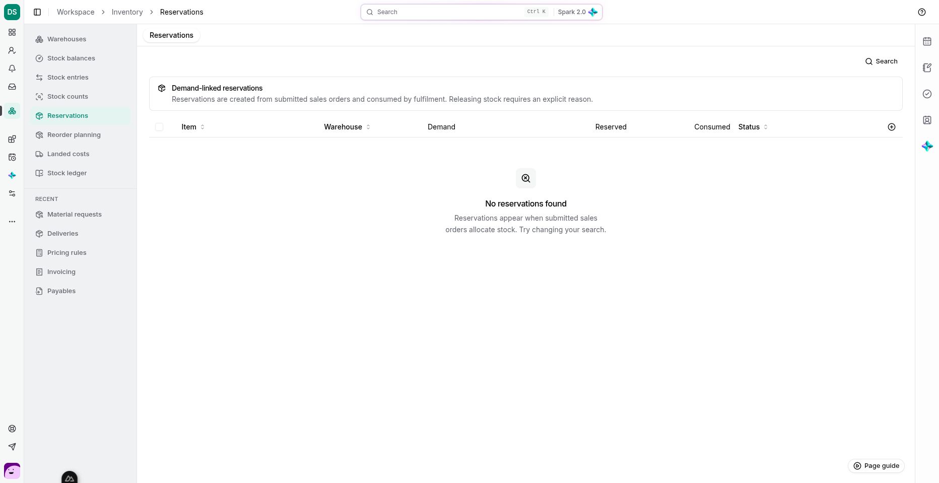 Reservations is a review and release surface for stock committed by supported source workflows.
