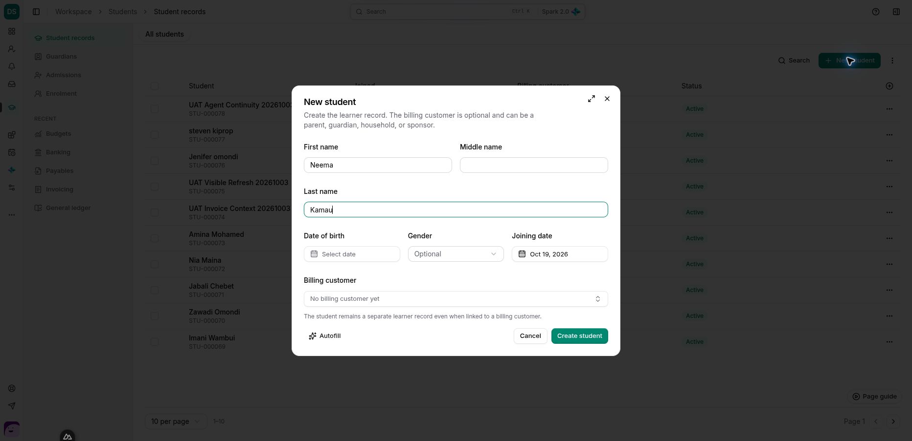 Neema Kamau entered in the real student form before creation; the billing customer remains optional.