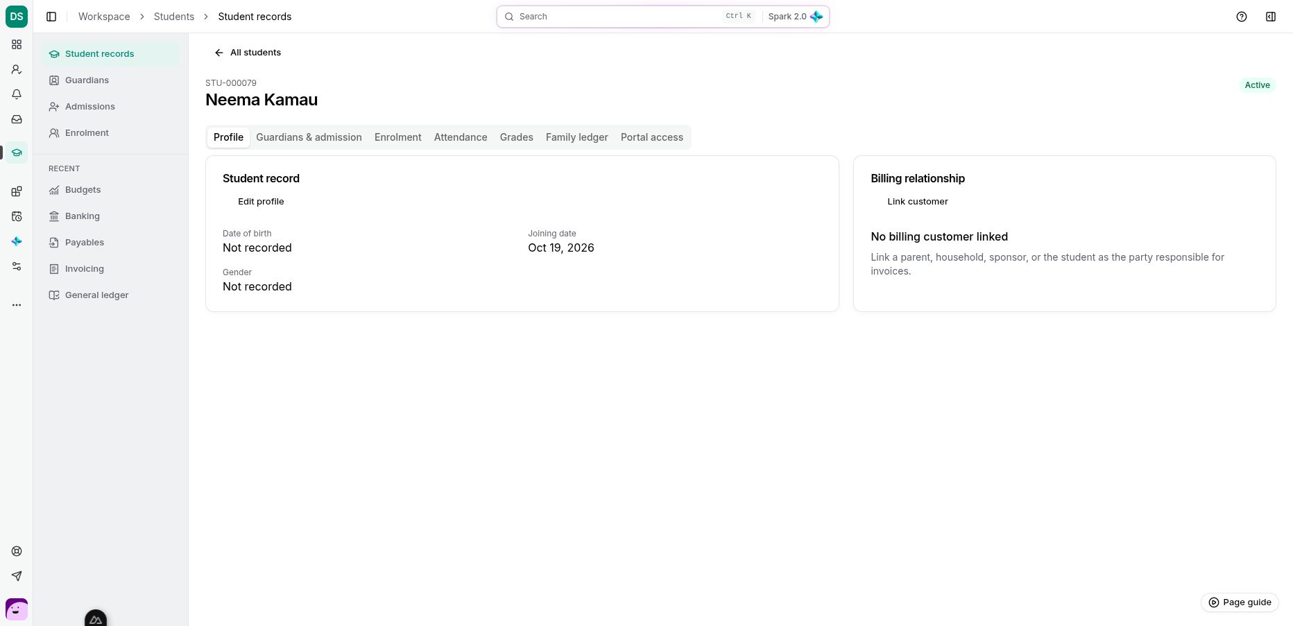 The saved Neema Kamau profile has a student number and a separate billing relationship.