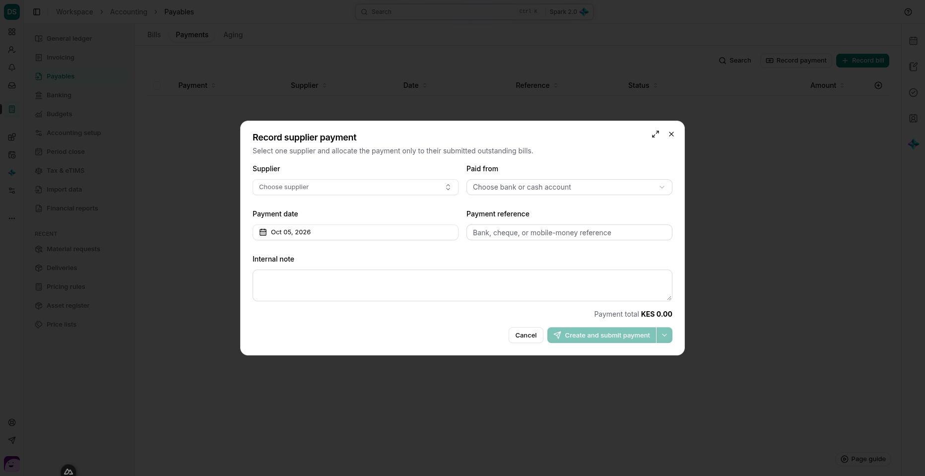 The supplier payment form connects the payment account and reference to selected outstanding bills.