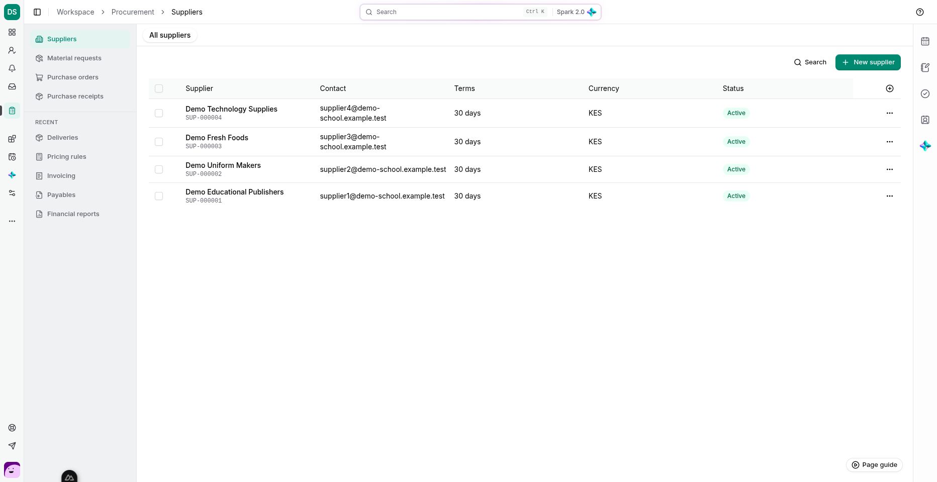 Procurement begins with suppliers and provides navigation to requests, orders and receipts.