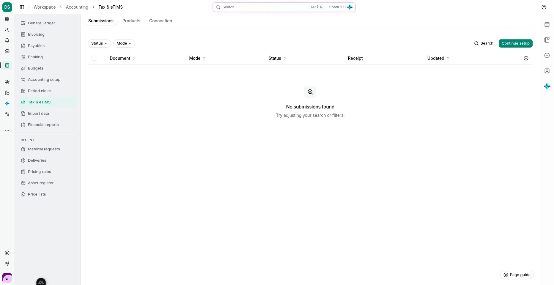 Submissions keeps provider reporting status separate from the source invoice. This demo capture precedes provider setup.
