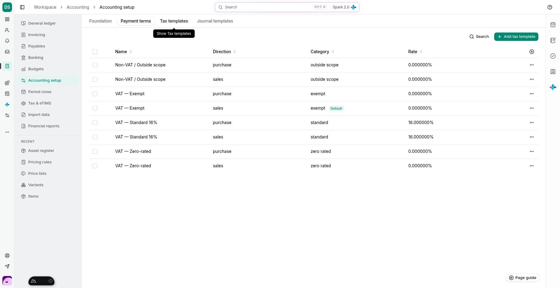 Demo School’s configured templates include standard, exempt and zero-rated treatments. These are configuration examples, not a determination of tax applicability.